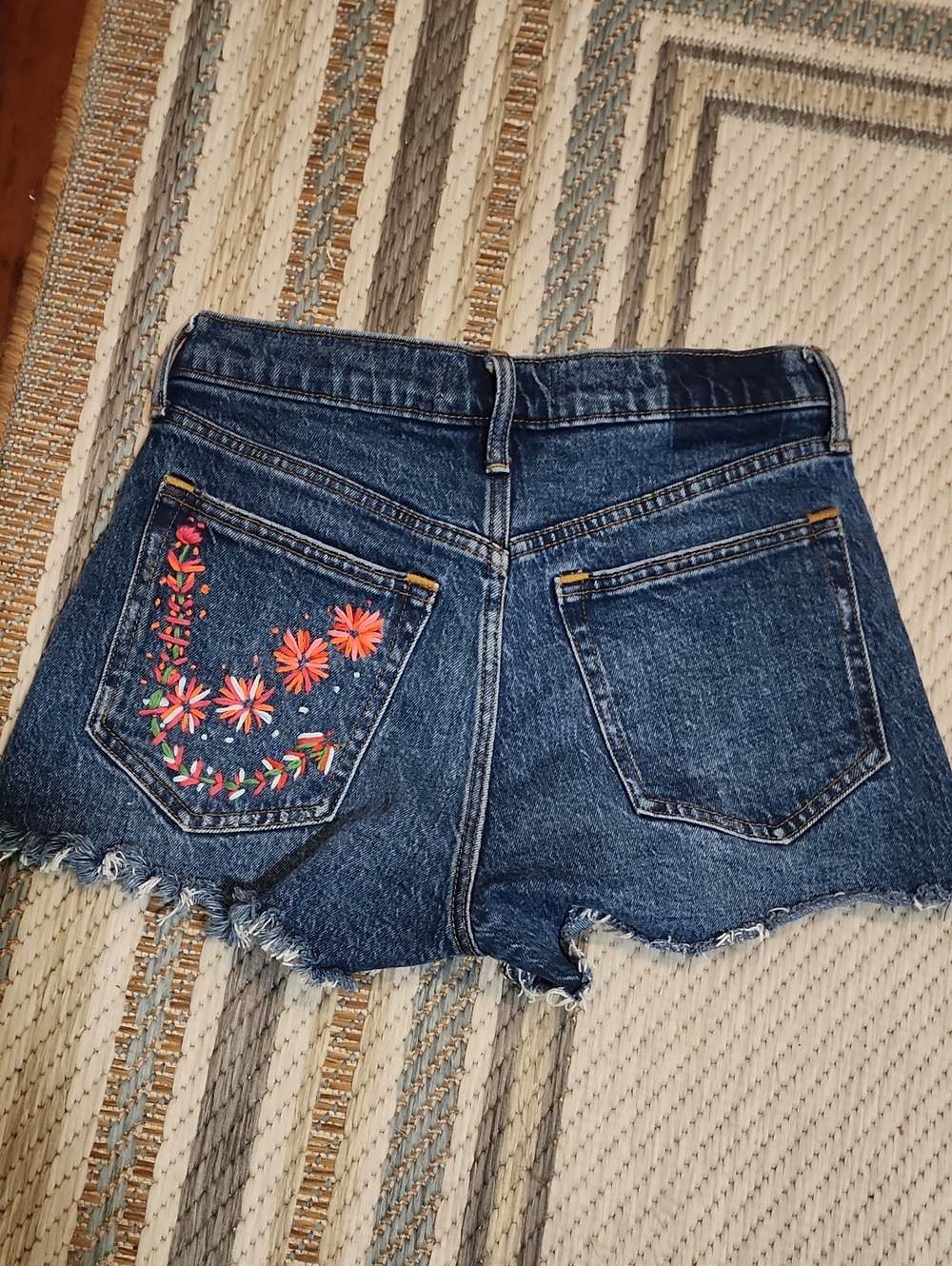 Abercrombie & Fitch Dark Blue Denim Cutoff Shorts with Floral Embroidery